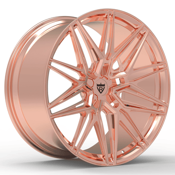 Custom forged wheel in rose gold finish, designed for C7 Corvette aftermarket applications, lightweight and high-performance.